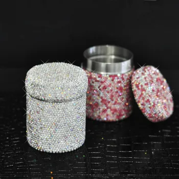 

Shine Diamond-studded Crystal Toothpick Holder Cotton Swab Storage Box Household Restaurant Round Metal Makeup Organizer Case