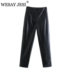 WESAY JESI ZA – pantalon en Faux cuir noir pour femme, taille haute, mode, ample, crayon, poches, élégant, Streetwear 