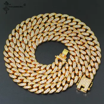 

Hip Hop Iced Out Paved Rhinestones 1Set 13MM Gold Color Full Miami Curb Cuban Chain CZ Bling Necklaces For Men Rapper Jewelry