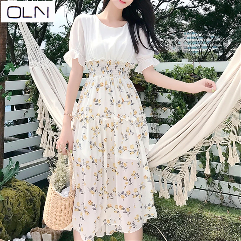 Платье oln Корея vestidos лето новая торговля, круглый вырез поддельные из двух частей шифоновый эластичный пояс Тонкий цветочный платье