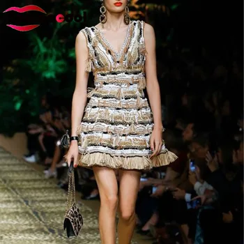 

Tpmaccool luxury designer women HIGH END 2020 RUNWAY Spring Summer New deep V-neck Printed tassels Beaded Vest mini Party Dress