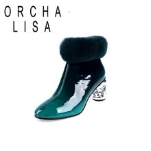 ORCHA LISA/женские зимние теплые ботильоны натуральная кожа, кроличий мех, круглый носок, необычный каблук, молния, большой размер 34-43, красное вино