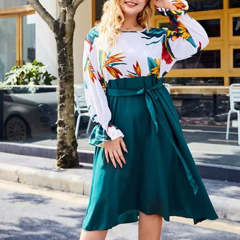 

FADZECO Women's Dress 2019 Autumn Winter Plus Size New Print Stitching Solid Color Dress Women Clothes