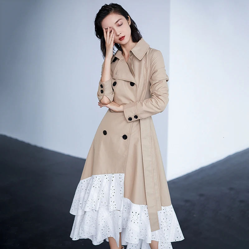 TWOTWINSTYLE вышивка Лоскутная кружевная ветровка для женщин воротник с лацканами длинный рукав Высокая талия тренчи женские осень