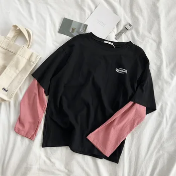 

2019 Autumn Korean T-shirt Tees Women Pink Patchwork Printing Cotton Pull Pullovers Fake Two Pieces Long Sleeve T Shirt Tops
