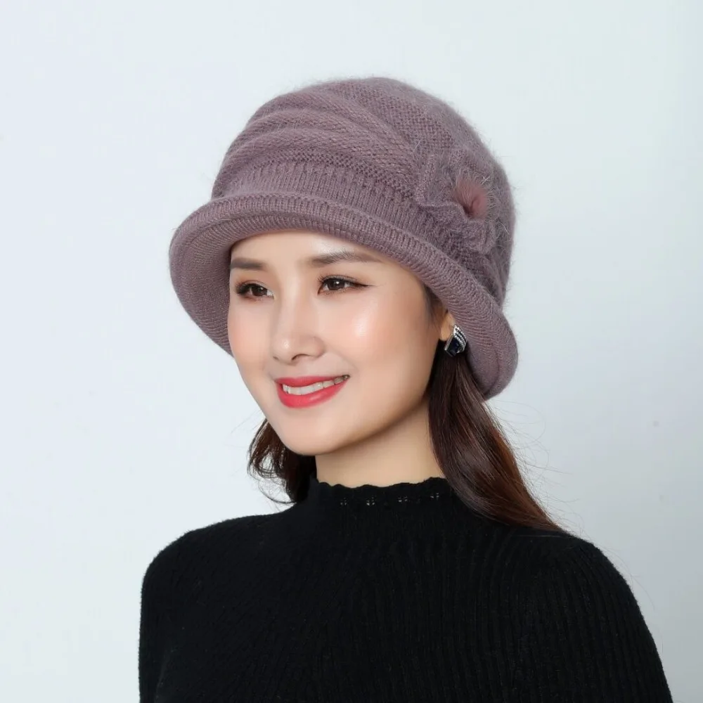 Новая зимняя женская шапка теплые вязанные шапочки Skullies из кроличьего меха шапки одноцветные норковые Плюшевые Цветочные мешковатые шапки головные уборы
