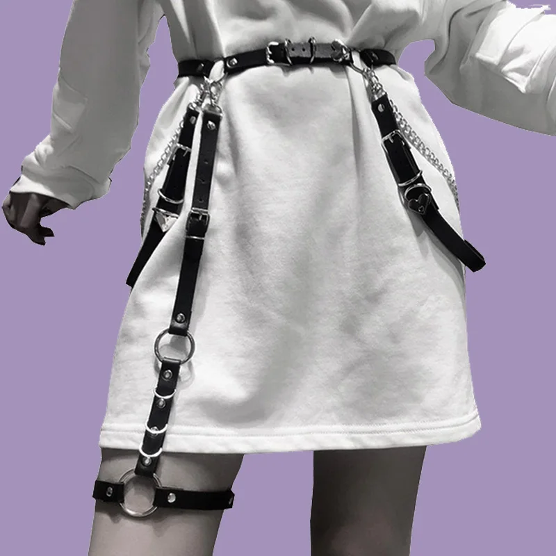 

Fashion Leather Belt With Metal Chain Women Goth Sexy Garter Stocking Belt Leg Harness Strap Punk Heart Buckle Waist Belt Jeans