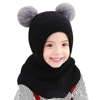 

New Winter 2 In 1 Knit Beanie Hat Scarf Set Warm Ski Cap With Ear Design Pom Windproof Mask For Kids