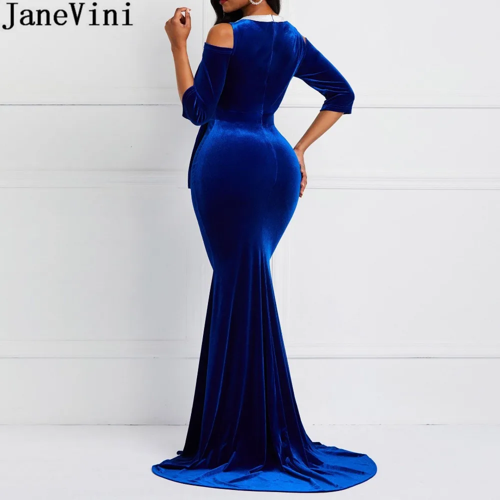 JaneVini, винтажное вельветовое длинное вечернее платье, африканские женские платья русалки для выпускного вечера, королевские синие облегающие вечерние платья с бисером