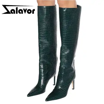 

ZALAVOR Knee High Boots For Women Plus Size 33-48 Brand Slip On Women Shoes Sexy Club Pointed Toe Thin Heels Female Footwear