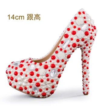 

2019 new high-heeled ladies crystal wedding shoes red and white contrast color pearl rhinestone bride women's shoes