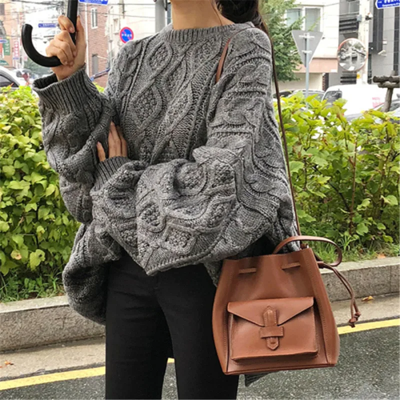 RUGOD Sweater Women 2019Korean Style Solid Gray O-neck Twist Diamond Long Sleeve loose Fluffy Sweater Casual Lady 2019S