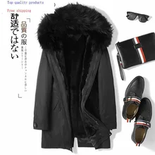 Зимняя куртка, Мужская парка, пальто с натуральным мехом, подкладка из кроличьего меха, толстое роскошное пальто, Мужская парка с капюшоном и воротником из меха енота, D09A9721