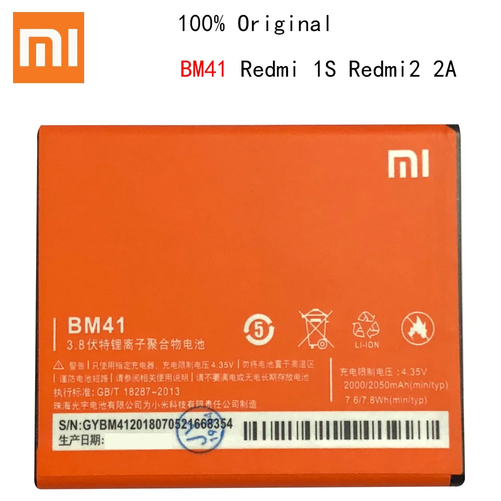 

100% Original Xiaomi BM41 Battery bm41 For Xiaomi Redmi 1S Hongmi Red Rice 1S Replacement Batteries BM 41 High Capacity 2050mAh