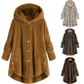 

2019 Winter Leopard Coat Fashion Women Button Solid Color Hooded Jacket Teddy Coat Ladies Winter Warm Coat Casual Hoodies