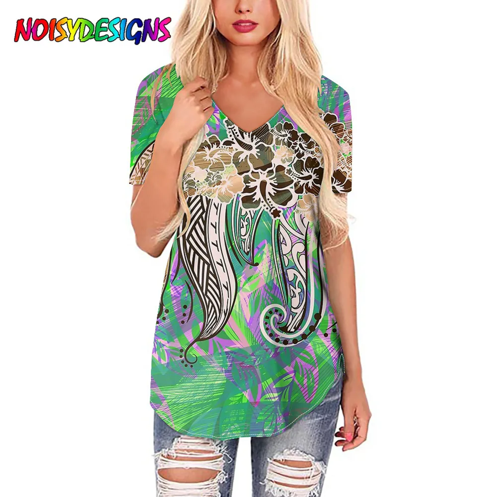 

NOISYDESIGNS Hawaiian Spring Tribal Threads Women T-shirts Polynesian Tribal Summer Short Sleeve Female T-shirt For Women