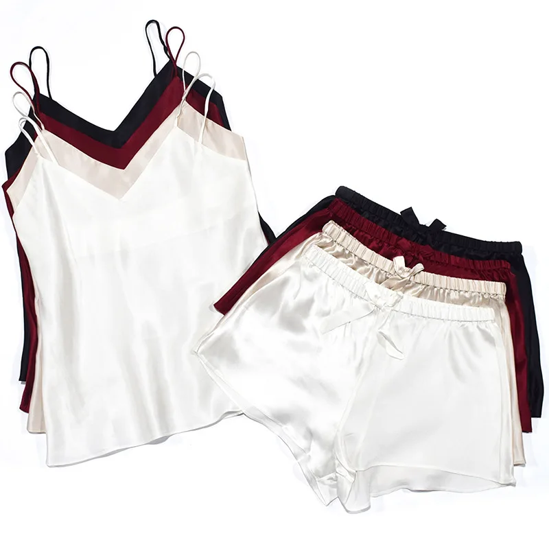 

100% Silk Sleepwear Summer Suspenders Shorts Two-piece Sexy Cool Loungewear Mulberry Silk Pajama Pants Set