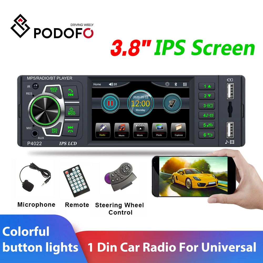 Podofo 1Din 3 8 ''автомобиля Радио Аудио Стерео FM Bluetooth 1 din IPS Экран обратный Камера MP5