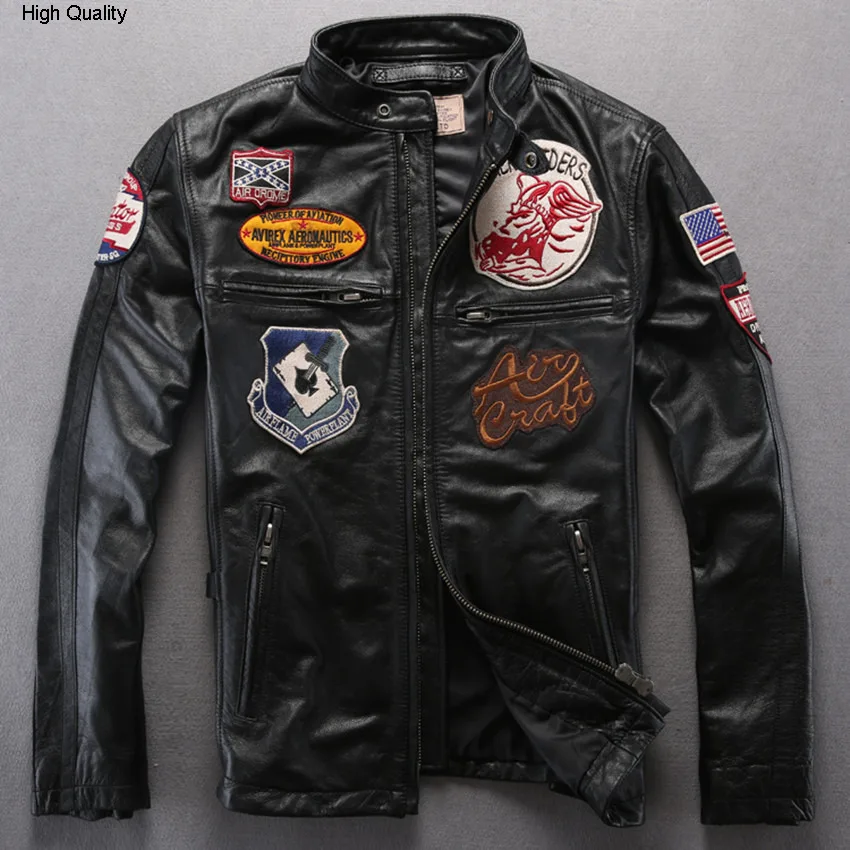 

fly men's genuine leather jacket black sheepskin flight jacket with badge yellow real skin slim fashion wind jacket men