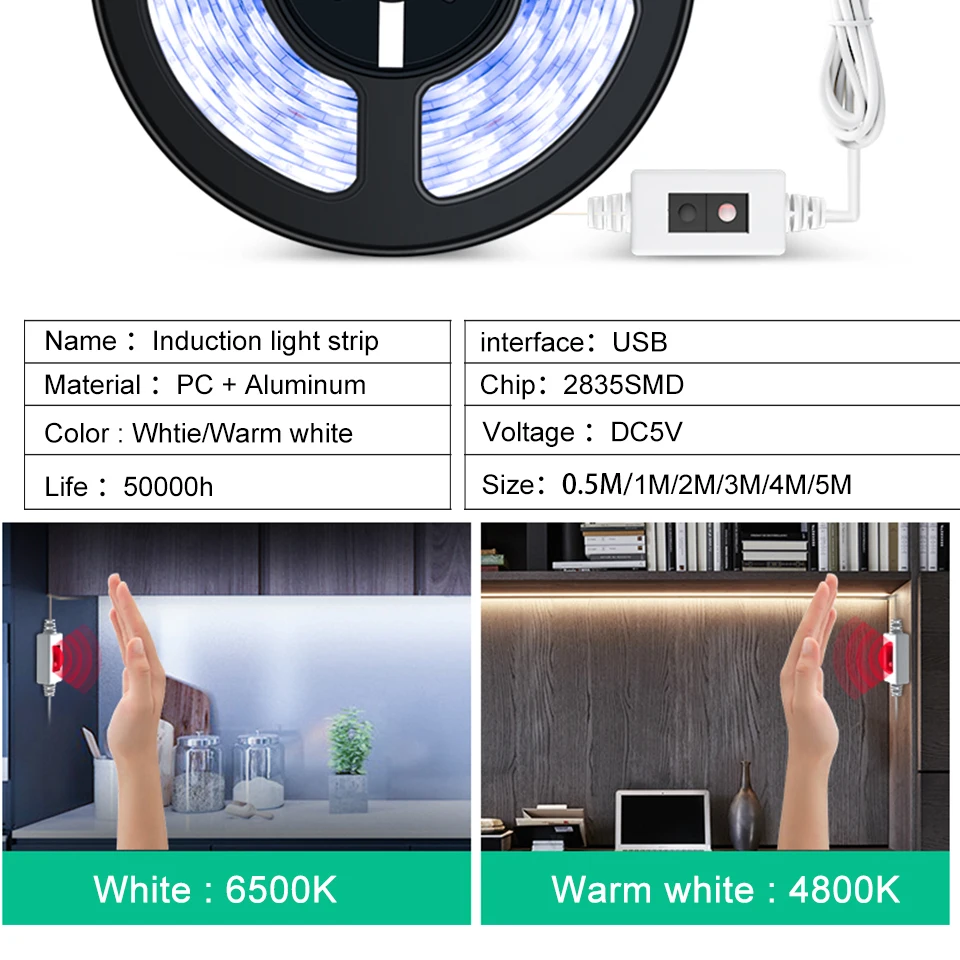 FOXGBF Motion sensor LED Night light Bed Cabinet Stairs light USB LED Strip lamp 5V For TV Backlight lighting 1M 2M 3M 4M 5M (5)