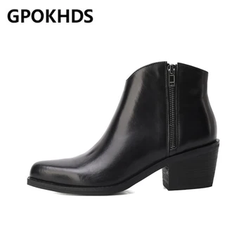 

GPOKHDS 2021 women Ankle boots cow leather zipper winter short plush Pointed toe high heels female boots size 43