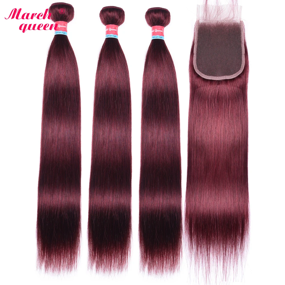 

March Queen #99J Brazilian Straight Hair 3 Bundles With 4x4" Lace Closure Red Wine Color Human Hair Weave Non Remy Hair