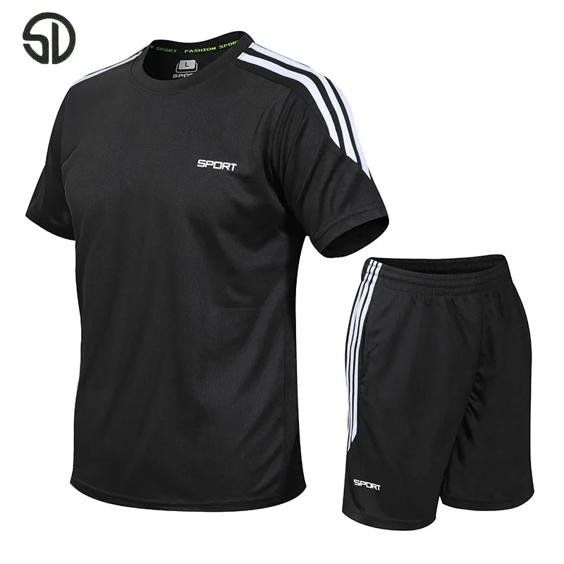 

Summer Men Sets Fashion Suit Men's Fitness Suit Quick-drying Short-Sleeved Shorts O-Neck Solid Sportswear Two-piece Tracksuit