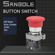 XB2 Emergency Stop 22mm Push Button Switch Lock Rotating Reset Red Mushroom Flat Head Silver Contact 10A NO NC