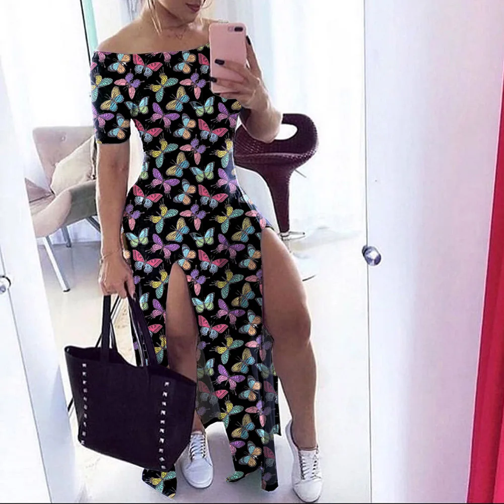 sexy off shoulder butterflies floral printed maxi dress