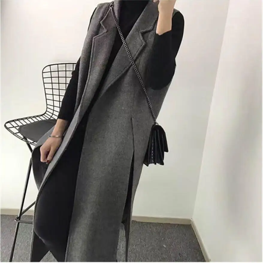 dark gray Размера плюс 5XL! осень зима корейский шерстяной костюм жилет Тонкий Повседневный Сплит длинный без рукавов куртка жилет - Цвет: dark gray