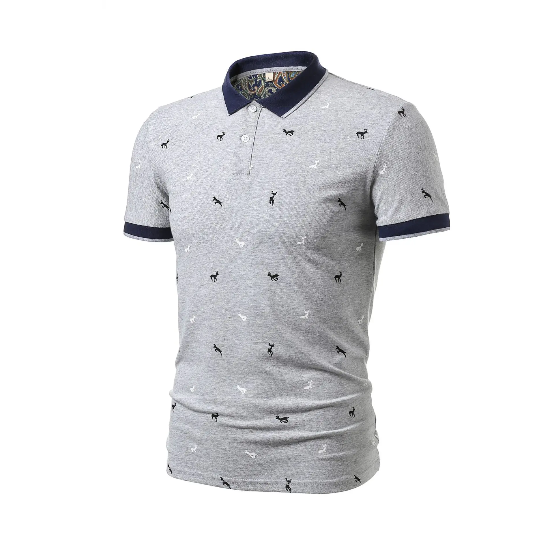 Модная мужская летняя рубашка поло с принтом оленя короткий рукав облегающие