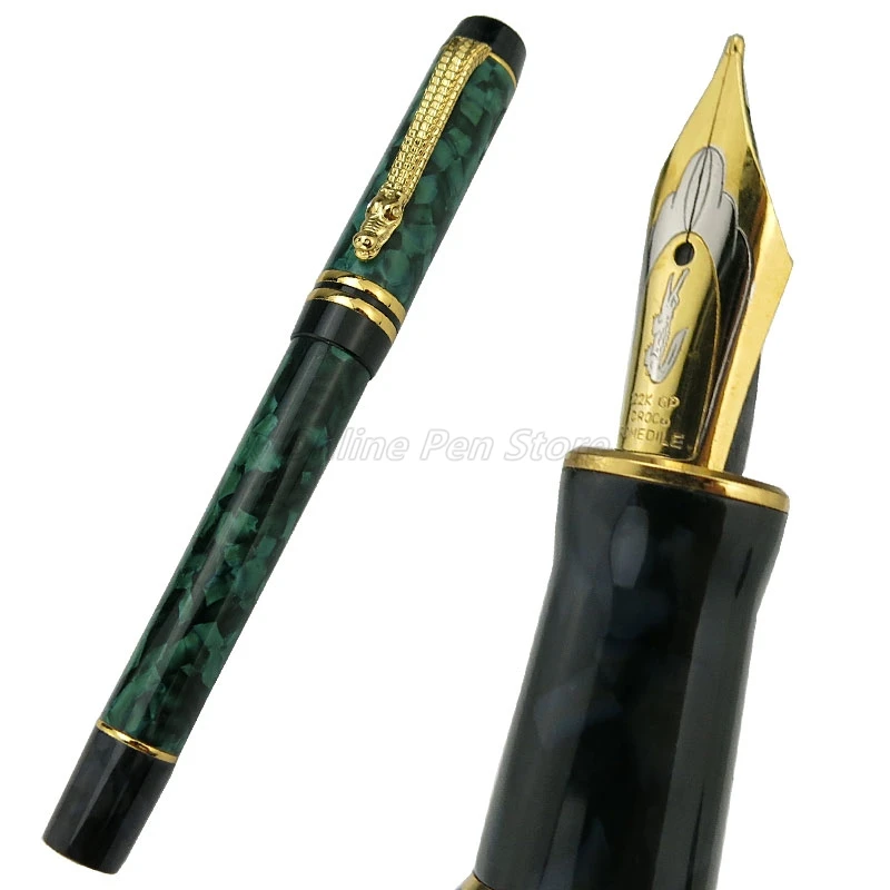 Crocodile Resin Barrel Green Flower Marble Celluloid Broad Nib 0.7mm Fountain Pen Gold Trim Office School Writing Gift Pen