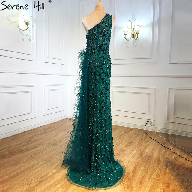 Green Luxury One Shouder Split Evening Dresse 2021 Elegant Mermaid Beading Gowns Feathers For Women Party BLA70829 Serene Hill 4