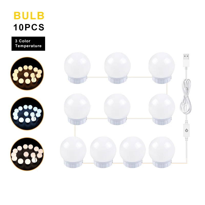 3 colors 10 bulbs USB 5V макияж зеркало светильник косметическое зеркало, лампа сенсорный Сенсор Плавная затемнения настенный светильник 2/6/10/14 лампы для туалетного столика крытый деко - Испускаемый цвет: 3 colors 10 bulbs