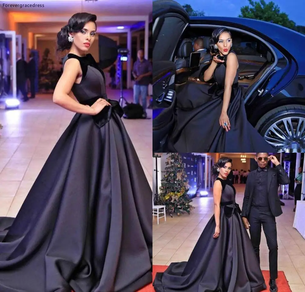 Элегантное Черное вечернее платье трапеция атласное длинное официальное