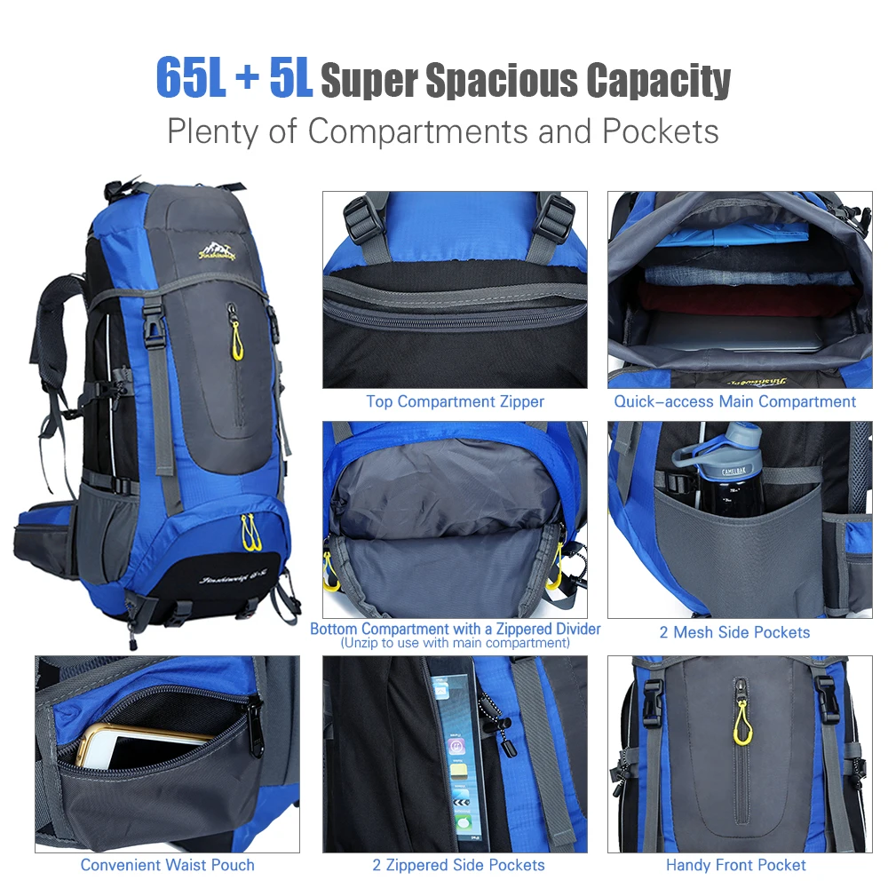65L+ 5L мужская женская сумка для скалолазания, рюкзак для пеших прогулок, походный Повседневный дорожный рюкзак, тактические Спортивные Сумки