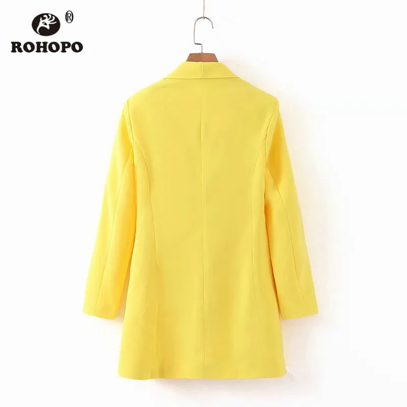 ROHOPO Woman Yellow Blazer Double Buttons Gradient Fly Solid Chi Notched Long Straight Outwear #2247