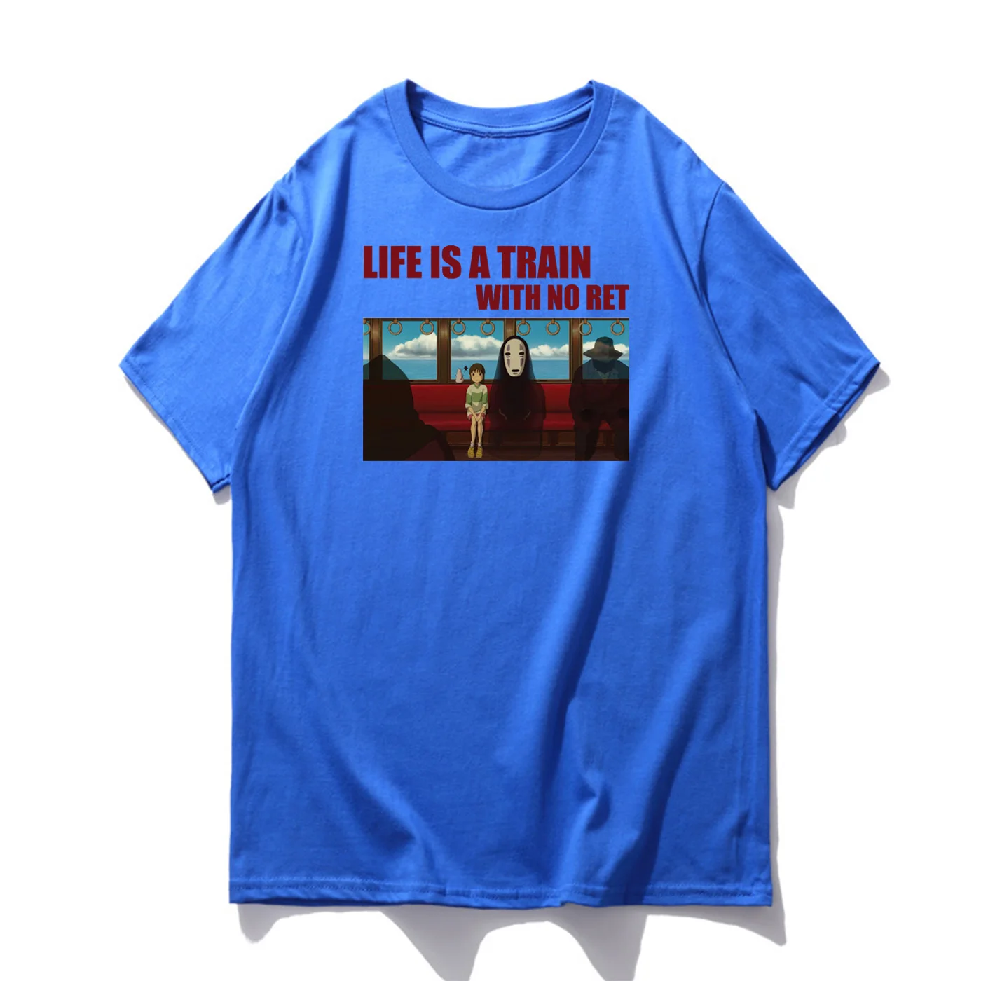 

Life Is A Train With No Ret Spirited Away Movie T Shirt 2019 Summer Short Sleeve Tees Japan Anime Harajuku Fashion Streetwear