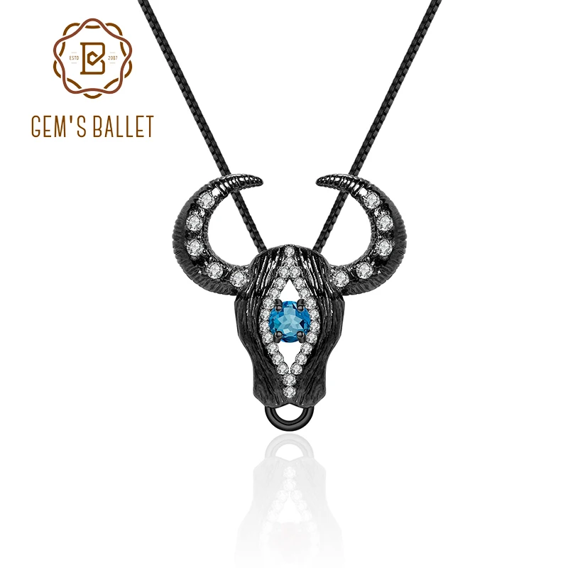 GEM'S BALLET Fine Jewelry Natural London Blue Topaz 925 Sterling Silver Handmade Bull Head Pendant Necklace For Women Halloween |