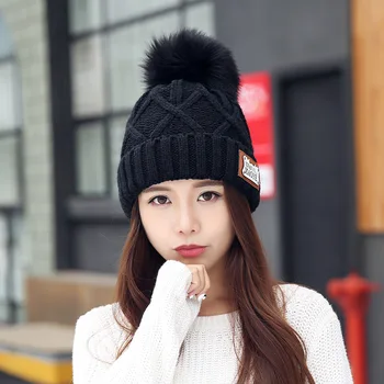 

Autumn And Winter New Style Korean-style Versatile Yarn Knitted Hat New Style Leather Standard Furry Ball Rhombus Plaid Plus Vel