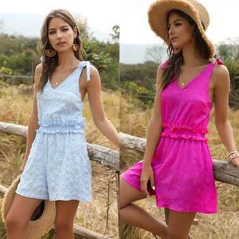 

Playsuit Women Summer 2020 Rompers Elegant Beach Party Deep V-Neck Jumpsuits Overall Bohemian Boho Sexy Wide Leg Shorts Spring