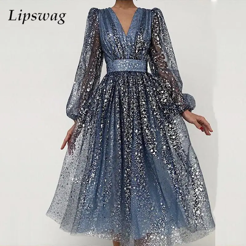 Women Fashion Sequin Mesh Maxi Dress Elegant Lantern Sleeve Party Bohemian Sexy V Neck Shiny Lace Ball Gown Princess | Женская одежда