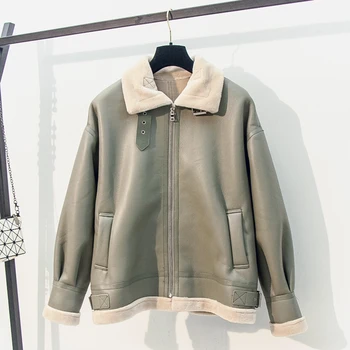 

Autumn Winter New Faux Fur Patch Pu Leather Jacket Women Locomotive Plus Velvet Padded Oversize Loose Warm Coats