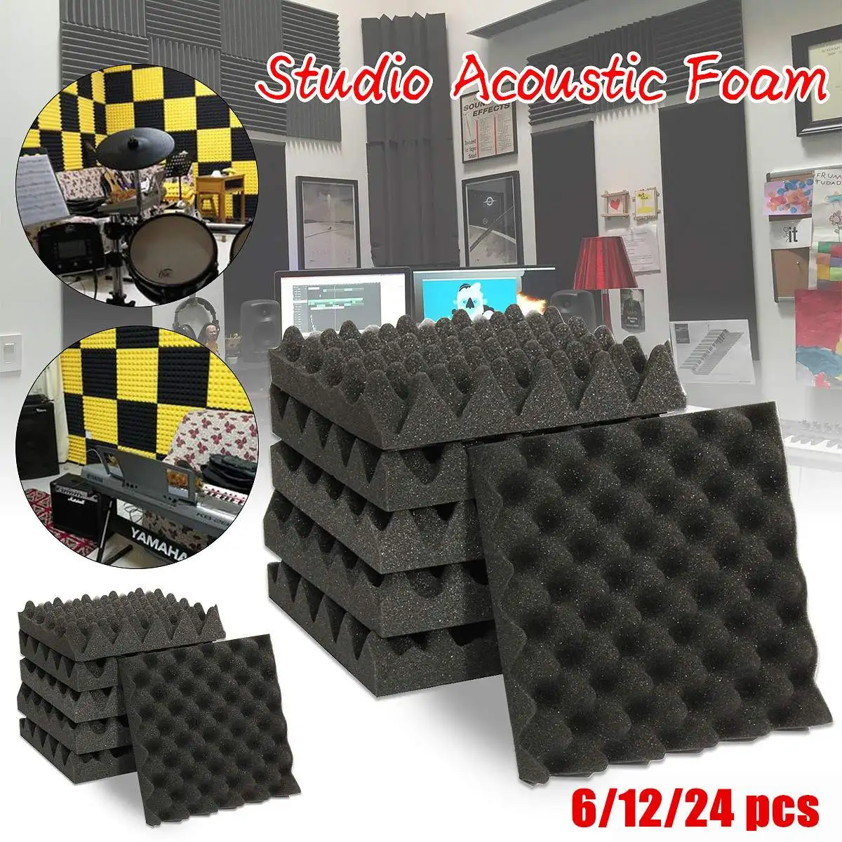 

6Pcs/12pcs/24pcs 25X25X5CM Studio Acoustic Wedge Studio Foam Sound Noise Insulation Sponge Absorption Treatment Panel Tile