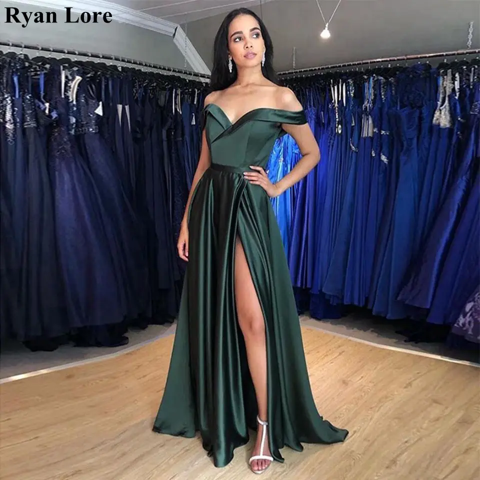

Hunter Green High Split A-Line Evening Dresses 2020 Party Formal Long robe de soiree Women Prom Gowns Off The Shoulder Vestidos
