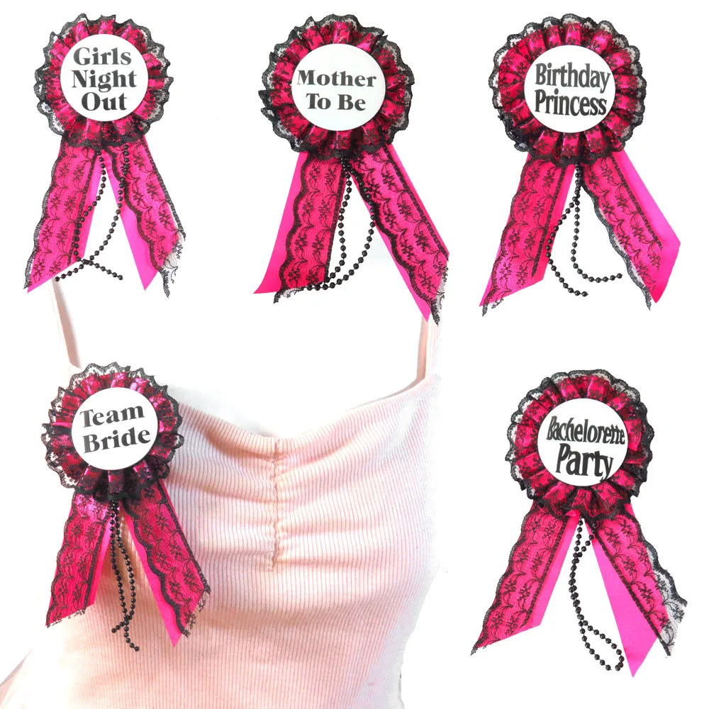 

Pink lace ribbon badge round girls night out brooch mother to be button happy birthday princess pin for bachelorette party event