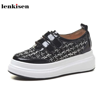 

Lenkisen cow leather patchwork hemp hook loop round toe high heels thick bottom campus simple style women vulcanized shoes L97