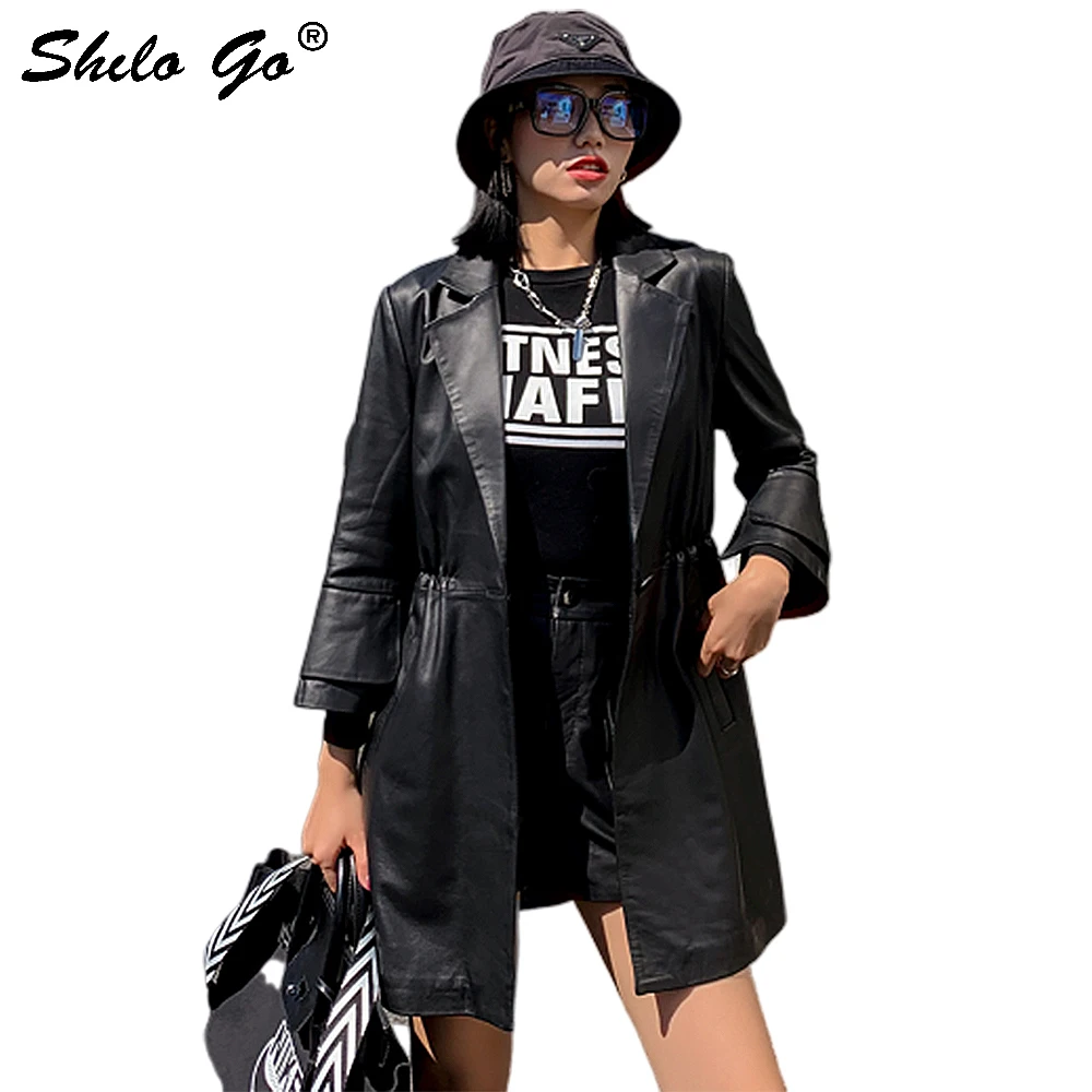 

Genuine Leather Blazer Office Lady Notched Neck Single Button Flare Sleeve Fit and Flare Sheepskin Long Coat Women Solid Outwear