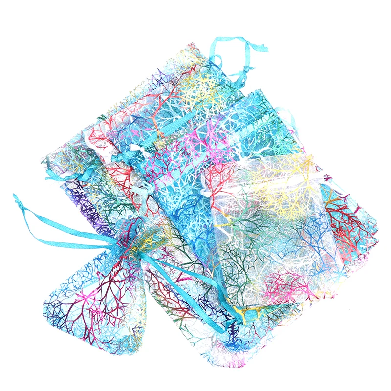 10 Uds 4 tamaños de bolsas de embalaje blanco y colorido bolsas de Organza con cordón ajustable regalo de boda bolsas joyería bolsas
