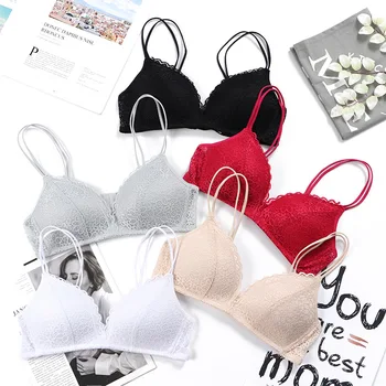Women Bralette French Style Lace Bra Girls Triangle Cup Lingerie Deep V Wireless Underwear Soft Thin Seamless Bra 1